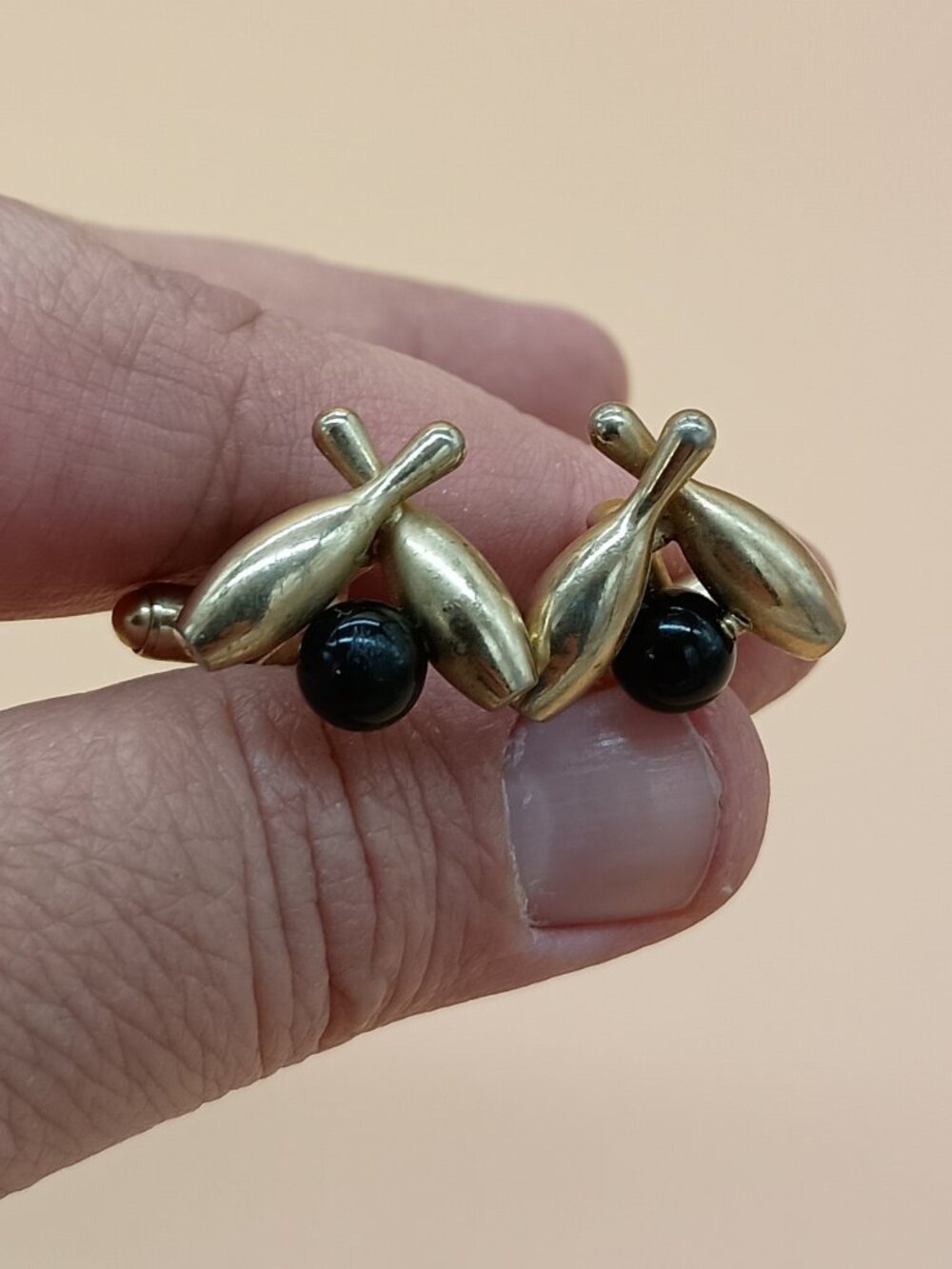 Vintage Anson Gold Tone Black Lucite BOWLING Ball and Pins Cufflinks